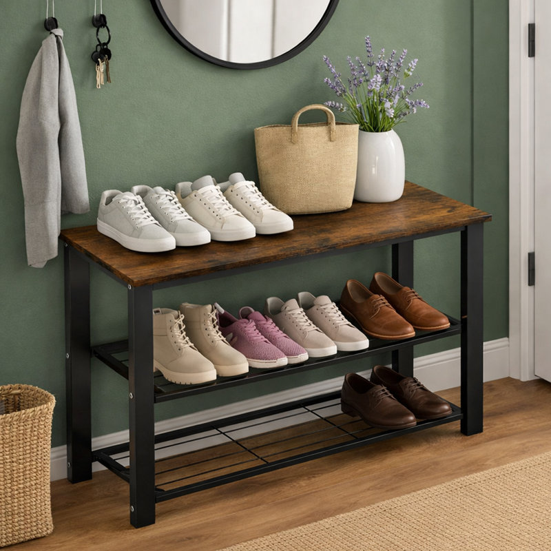 Wood Top Shoe Storage Bench with 2-Tier Storage for Entryway, Rustic Brown