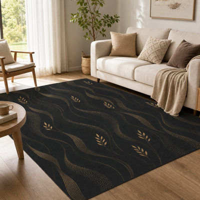 Tapis à motif de feuilles ondulées abstraites 1Pcs - Conception dorée élégante, sensation moelleuse douce, facile d'entretien, tapis de grande surface, envers antidérapant pour le salon, la chambre à coucher, le bureau, la décoration intérieure