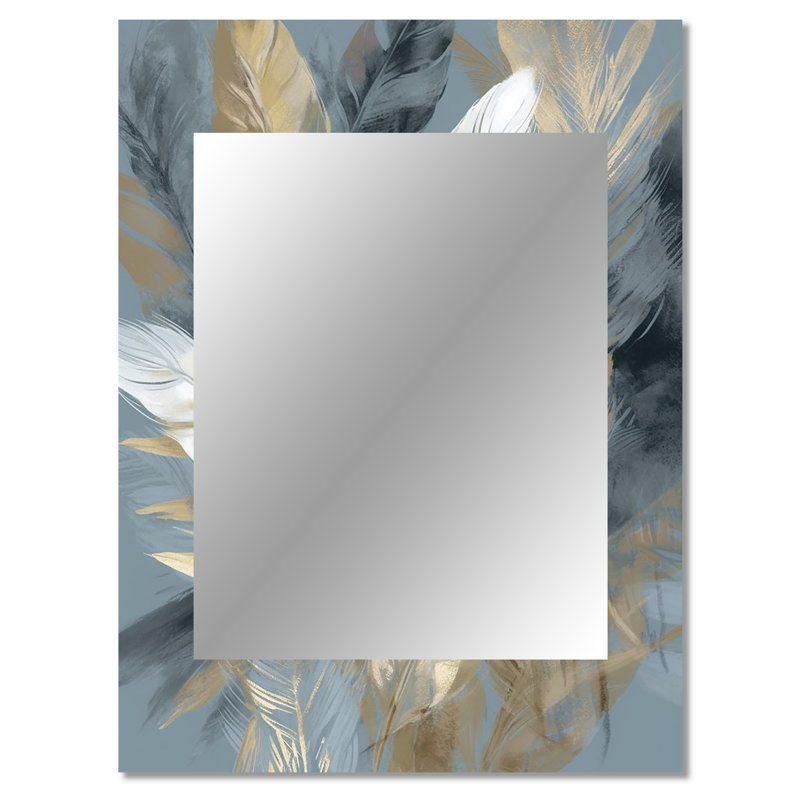 Gold And Grey Impressions Of Bohemian Energy II - Boho Feather Large Wall Mirror, Traditional Unique Mirror, Printed Metal Art