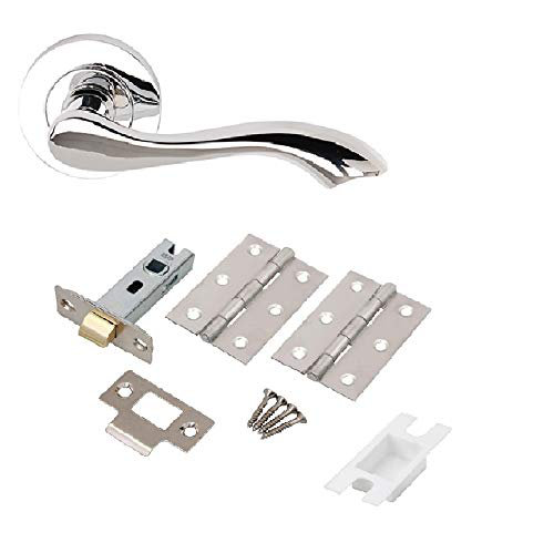 Golden Grace 1 Set Cadenza Design Door Handle Lever on Round Rose Furniture in Polished Chrome Finish with Latch & Hinges