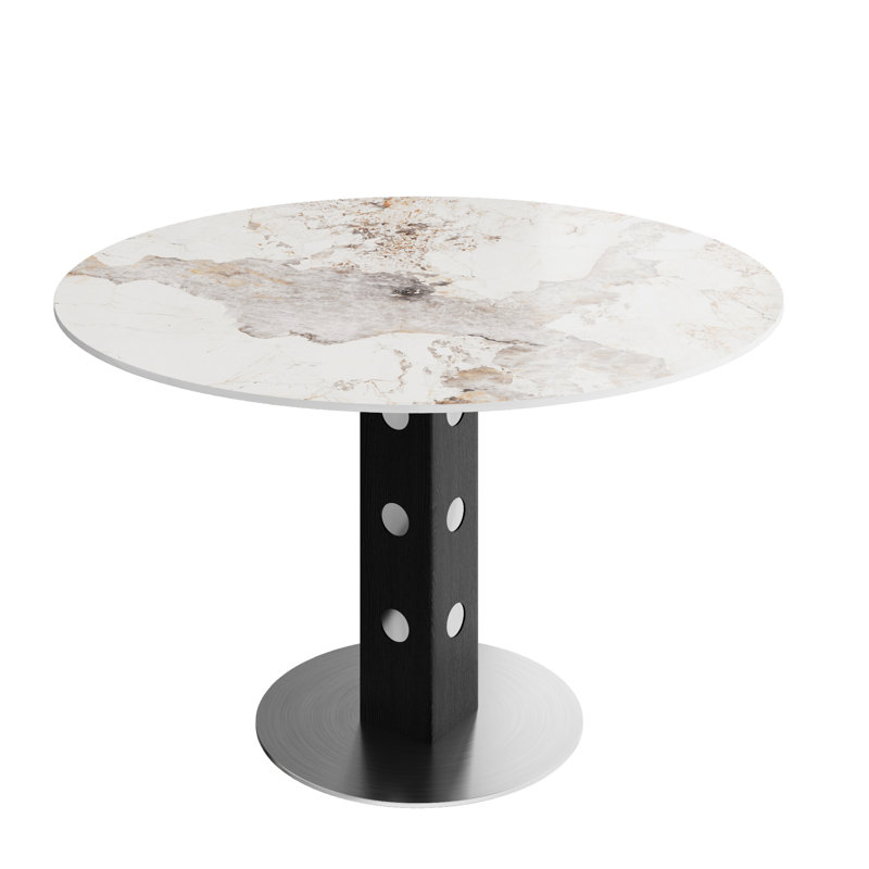 Table de salle à manger ronde de 43 po, bois massif noir et pierre frittée, conception Mid-Century moderne, base à piédestal, table à faible entretien imperméable avec plateau en pierre texturée en marbre, style rétro, chaleur