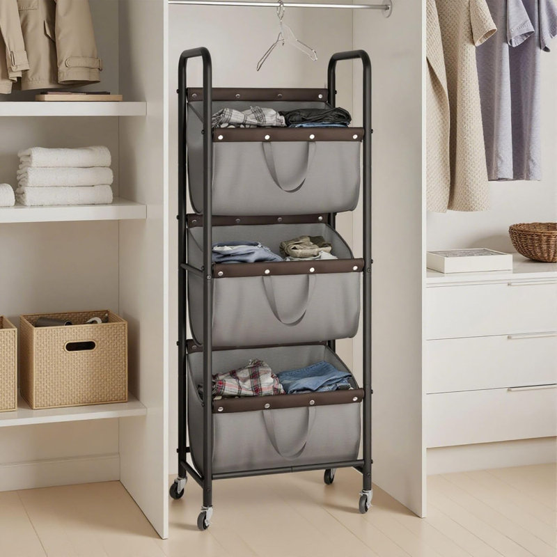 3 Tie Laundry Sorter, Laundry Basket With Wheels, Laundry Room Organization And Storage, 3 Section Rolling Laundry Cart For Dorm, Bathroom, Bedroom, Closet