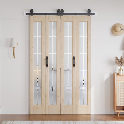 Frosted Glass Solid Wood Unfinished Bifold Barn Door With Installation Hardware Kit