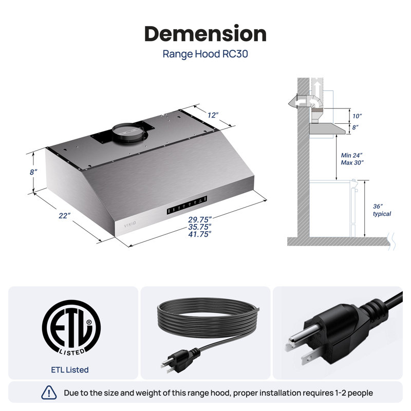 Hotte sous un meuble à conduit de 42 pouces et 900 pi³ / min en acier inoxydable VIKIO PRO avec 1,5 sones, double moteur, contrôle des mouvements, DEL GU10 4000K remplaçable