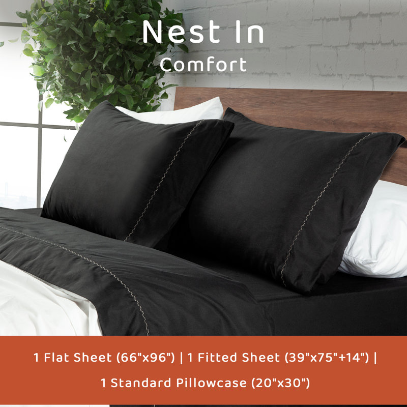 1800 Series Double Brushed Microfiber Twin Black Sheet Set, Black, Twin Sheet Set with 1 Pillowcase