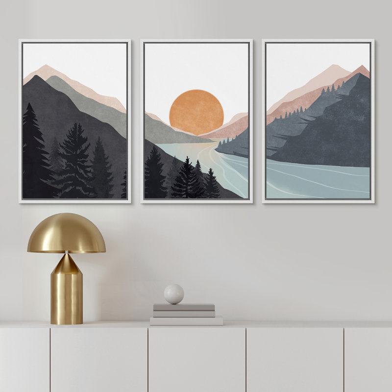«Sun Mountain Landscape Range Abstract Lake Nature», ensemble de 3 reproductions d'art sur toile encadrées, Blanc