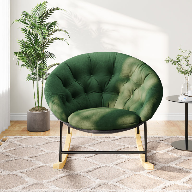 Chaise berçante ronde avec pieds en bois d'agneau massif, Vert laine d'agneau