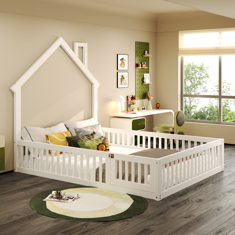 Lit plateforme double en bois avec garde-corps, Blanc