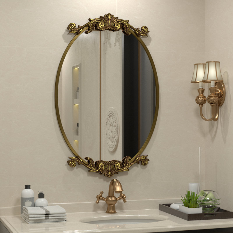 Dieudson Oval Aluminum Alloy Baroque Wall Mirror, Brushed Gold, 32" x 20"