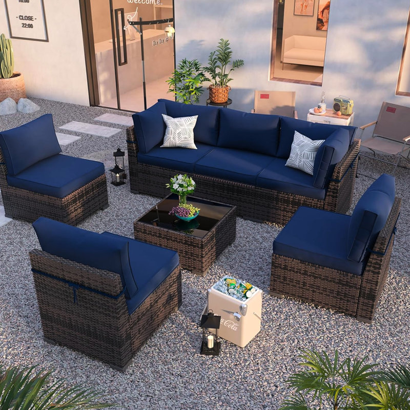 14 housses de coussin d'extérieur à fermeture à glissière pour 6 personnes, bleu marine, housses de siège et de dossier bleues 6, avec
