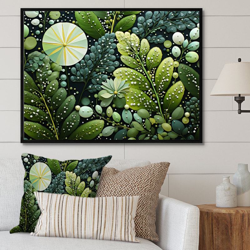 Fougères vert clair fantaisiste - Spirales III - impression, H 34 po x l 44 po x P 1,5 po, Cadre flottant noir