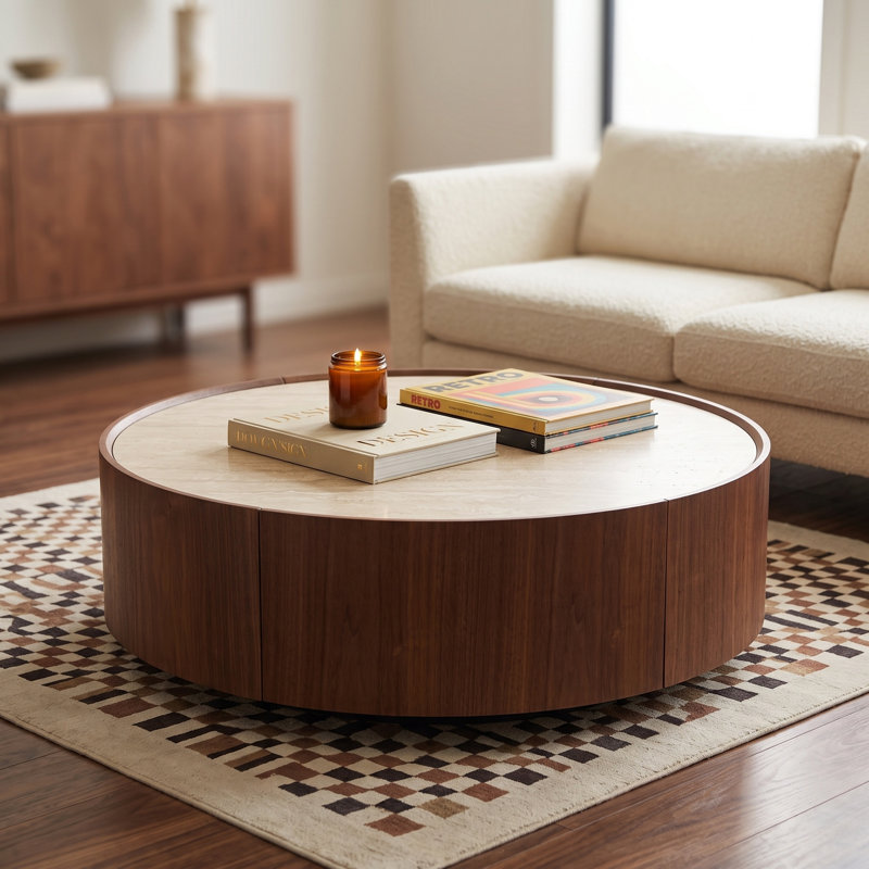Table basse ronde en MDF avec plateau en pierre frittée et tiroir de rangement dissimulé, finition laquée noyer et crème, 100 cm (39,3 pouces), style moderne du milieu du siècle, idéale pour le salon et la décoration intérieure.