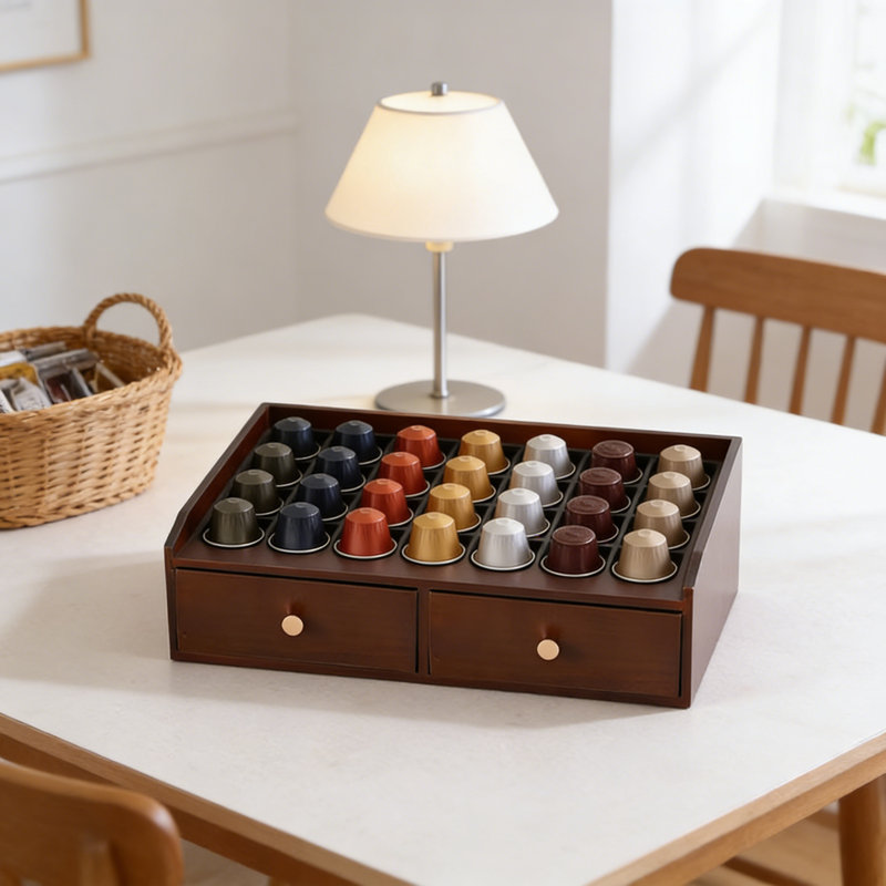 Organisateur de dosettes en bois avec tiroir réglable et coussin de séchage | Peut contenir 30 K-Cups, compatible avec les dosettes et les capsules de thé Keurig | Rangement de comptoir peu encombrant