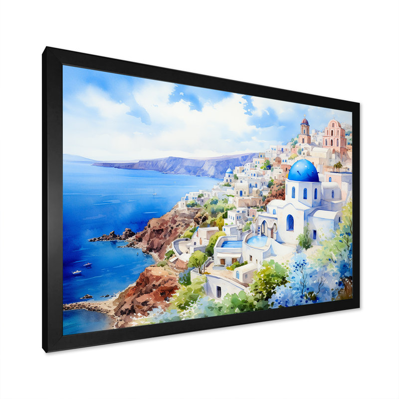 Santorini, Grèce, village côtier, sérénité I - Grèce, art mural, Cadre d'angle fermé noir, H 24 po x l 32 po x P 1 po