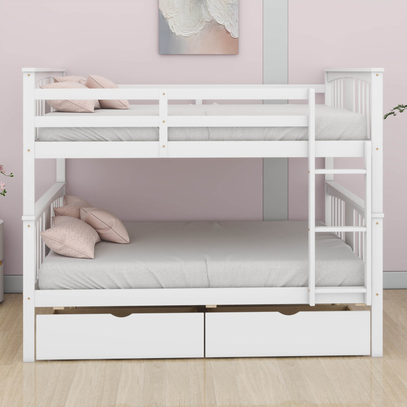 Lit superposé en bois avec tiroirs, lit superposé convertible avec échelles et deux tiroirs de rangement, cadre de lit détachable en bois massif avec échelles, double sur double