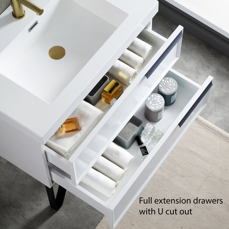 Ensemble de meuble-lavabo simple 30 po avec miroir Tyonna, Blanc mat, DEL à côtés carrés givrés