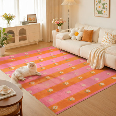 1Pcs Retro floral stripe rug - abstract art design, vintage aesthetic, washable and easy to care, large floor mat, non-slip backing,  for living room, bedroom, kitchen, entryway, office decor for home detor