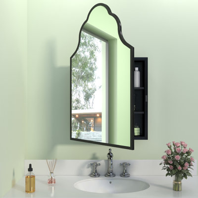  Armoire à pharmacie 20 po x 32 po encastrée ou à fixation en surface noire pour salle de bain, miroir décoratif artistique avec rangement, entièrement en métal, installation facile