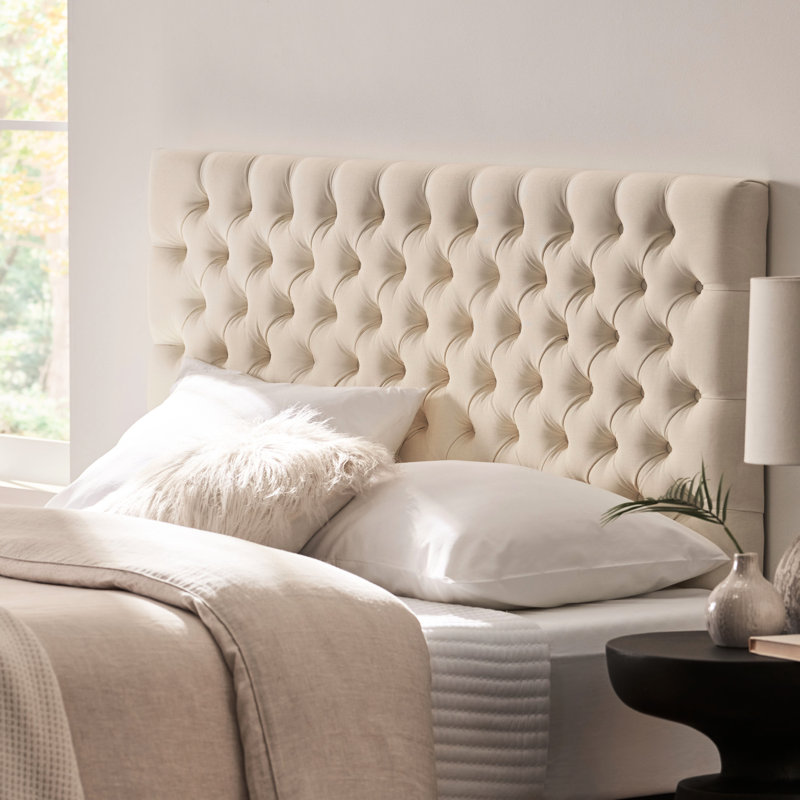 Modern Headboard For Queen Bed, With Diamond Detailing And Upholstered Finish Size In , A Elegant Appeal, Ivory