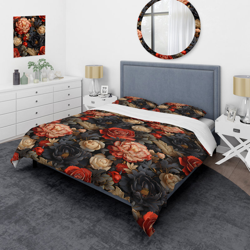 Ensemble de housse de couette à motif floral rouge victorien Opulence III, Housse de couette pour très grand lit et 2 très