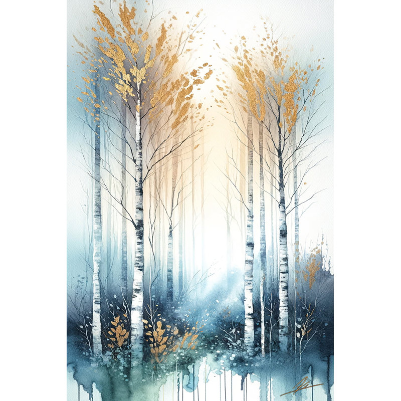 «Golden Birch Trees in Misty Forest - Autumn», art mural sur toile, H 16 po x l 12 po