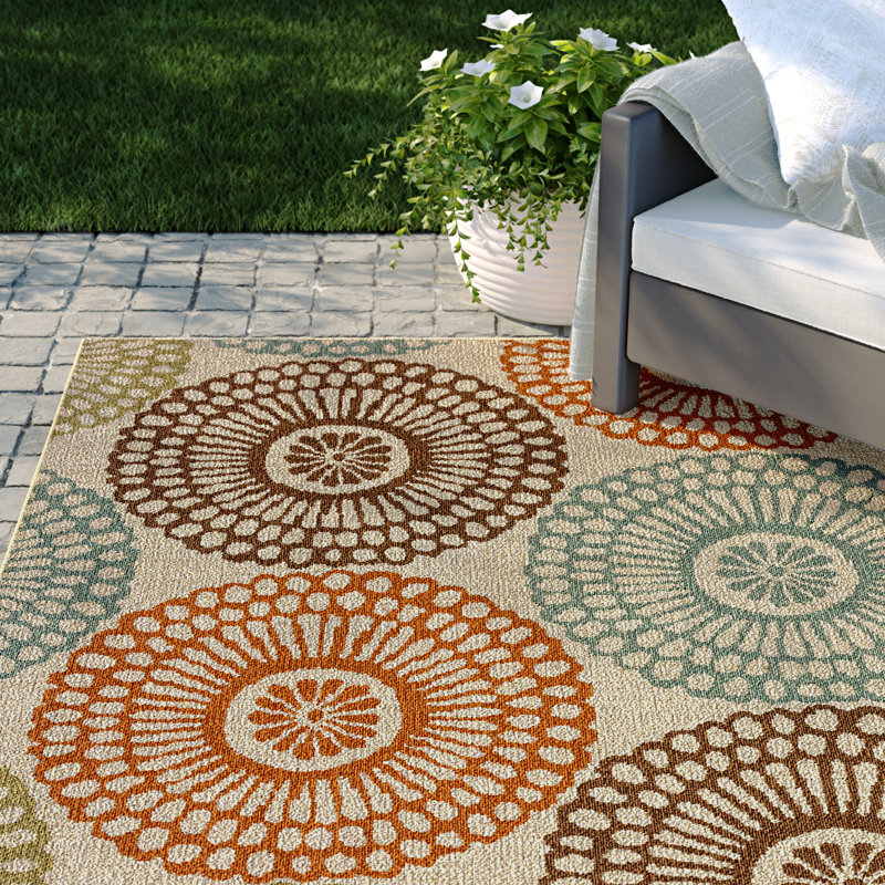 Tapis d'intérieur / extérieur beige / bleu sarcelle / orange Baringer, Rectangle 6 pi 7 po x 9 pi 6 po