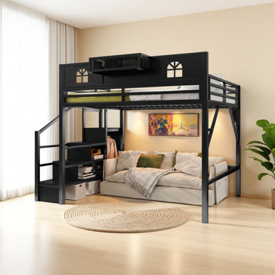 Metal Loft Bed With High And House Shaped Guardrails