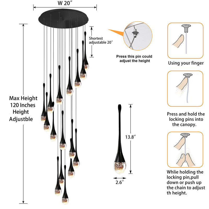 Black 16-Light LED Teardrop Chandelier 128" Long Spiral Stair Chandelier LED 3000-6000K Dimmable