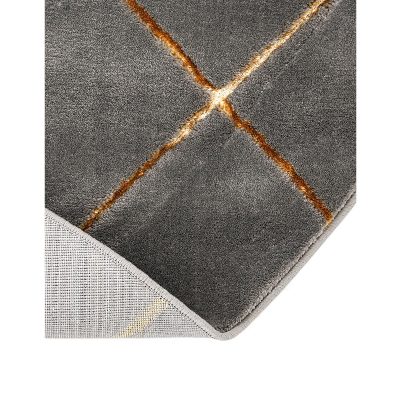 Tapis à carreaux gris et or Latitude Run® Novica, Rond 3 pi 1 po