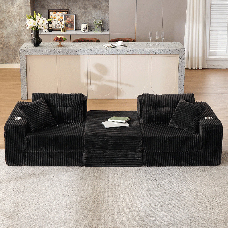 Boneless 80” W Modular Compression Sofa With Ottoman, High Rebound Density Sponge Sofa, Black