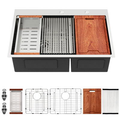 Évier de cuisine à double cuve 60/40 de 36 po x 22 po x 10 po en acier inoxydable T304 de calibre 16 avec nickel brossé, guide d'eau en forme de X pour faciliter la vidange, coin arrondi R10, revêtement à condensation, tampon