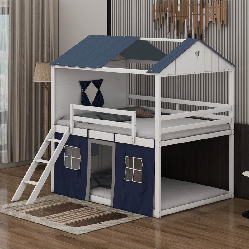 Lit double superposé en bois avec fenêtres, rebords et tente, Bleu / blanc