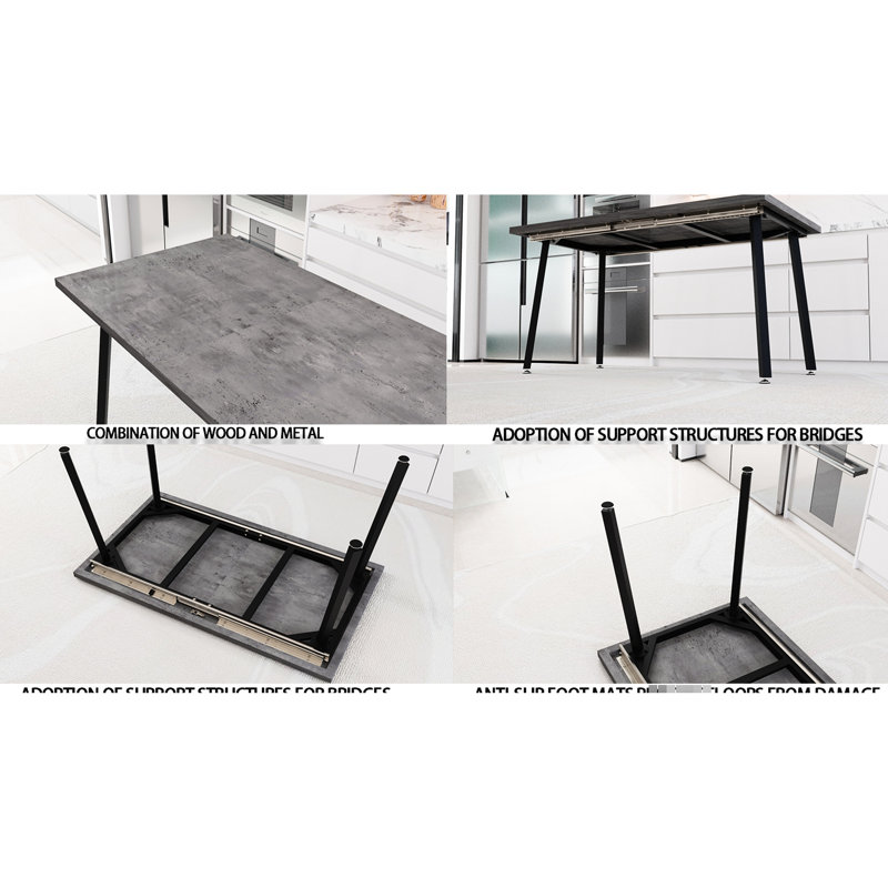 Table de salle à manger rectangulaire moderne, extensible, de couleur grise, pieds en métal noir, style industriel médiéval pour les repas familiaux extensibles de la vie quotidienne