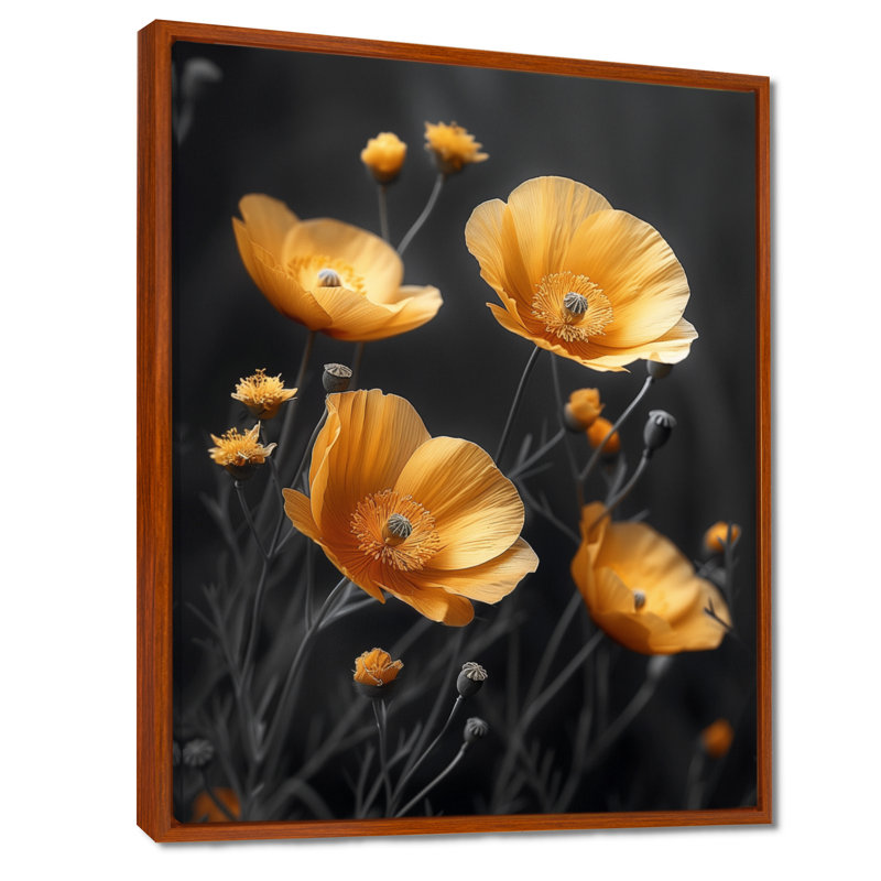 Décoration jaune joyeux coquelicots jaunes et lumineux II - Coquelicots, Toile avec cadre flottant brun