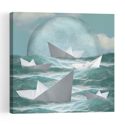 Boats Under Moon Peaceful Serene Abstract Ocean Landscape Wall Art Print 1 Piece Wrapped Canvas Wall Art
