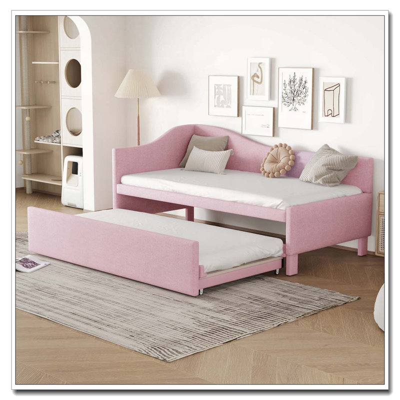 Upholstered L-Shaped Upholstered Daybed with Pop Up Trundle, Pink