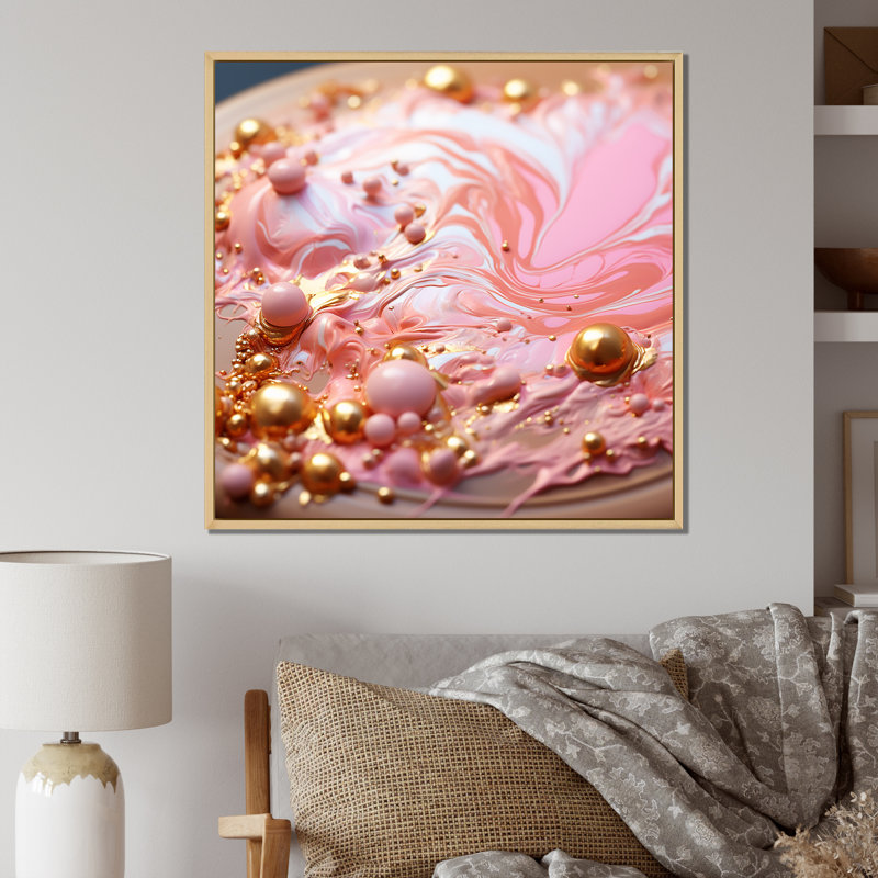 Art liquide sur toile rose et dorée - formes abstraites sur toile, H 30 po x l 30 po x P 1 po, Cadre naturel flottant