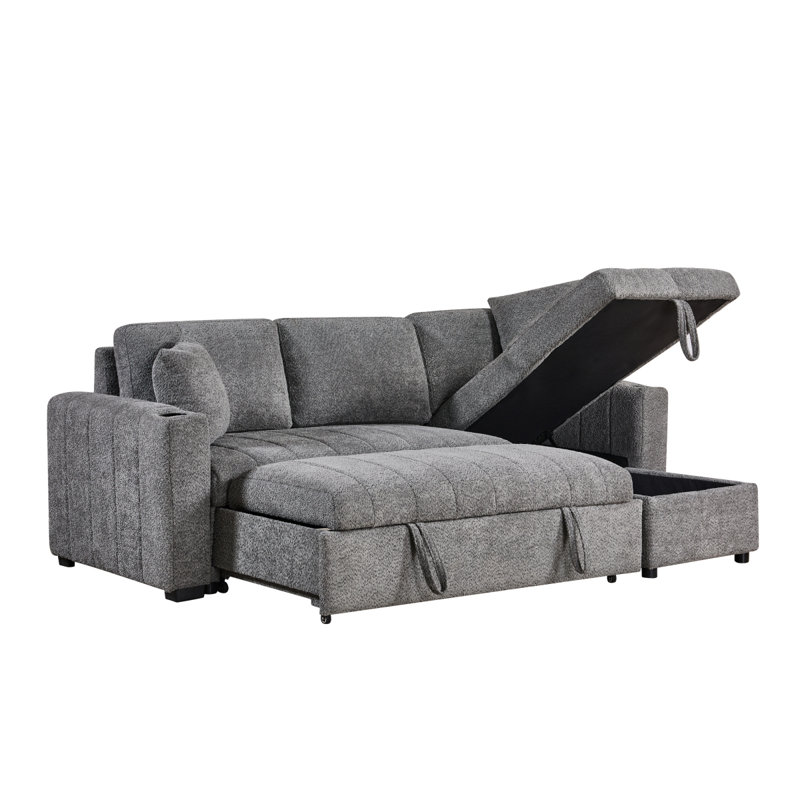 Seraphina II 96" Gray Boucle Fabric Reversible Sleeper Sectional Sofa With Storage Chaise, Cupholders, USB Charging Port, And Throw Pillows