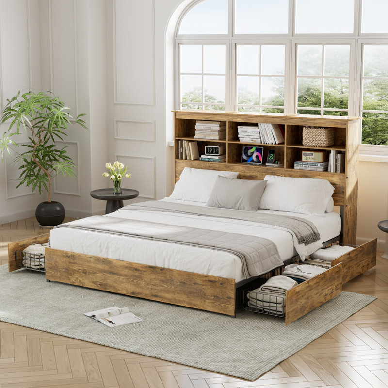 Lit plateforme rustique avec tiroirs de rangement et station de charge, base de lit en bois avec tête de lit haute, ports USB, meubles de chambre à coucher de ferme, support de lattes robuste, aucun sommier nécessaire