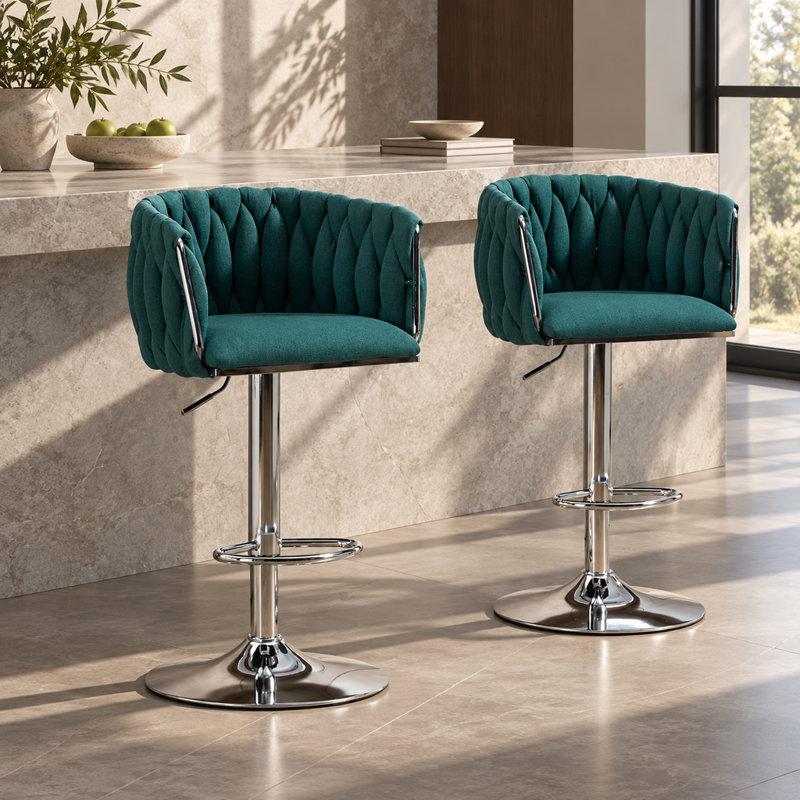 Ensemble de 2 chaises de bar réglables en hauteur, pivotantes à 360° et dotées d'un dossier tissé.