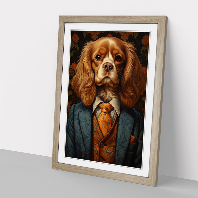Cavalier King Charles Spaniel In A Suit Painting No.3 - Single Picture Frame Print on Wood, 46cm H x 34cm W x 2cm D