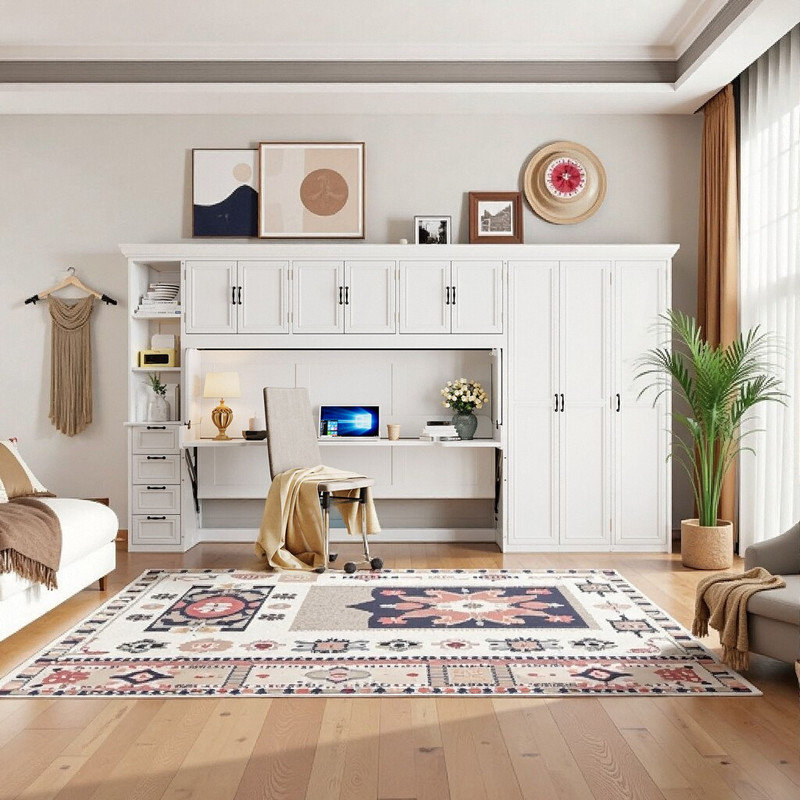 Lit simple escamotable avec armoire de bureau et armoires de rangement