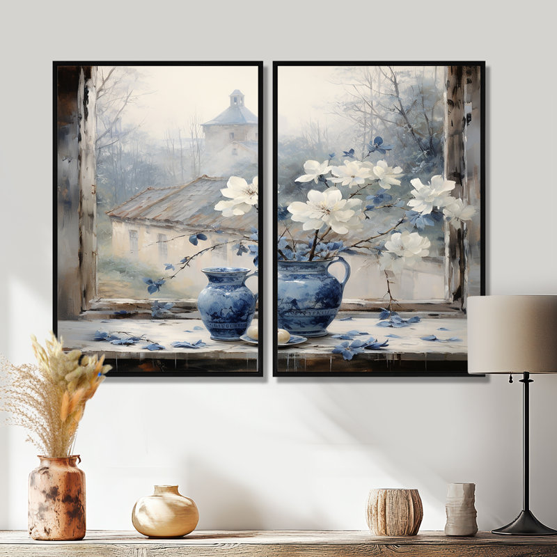 Charme de fenêtre floral blanc et bleu antique - grandes fenêtres, impressions sur toile, 36" H x 48" W, Black