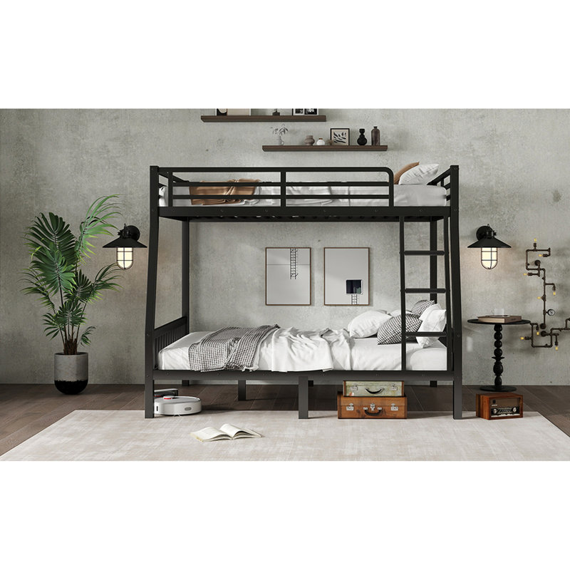 Lit superposé double au-dessus de grand lit double en métal - noir avec motif d'espace et garde-corps noir durable