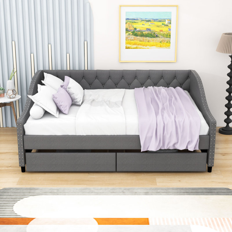 Full Upholstered Daybed with Two Drawers, Gray