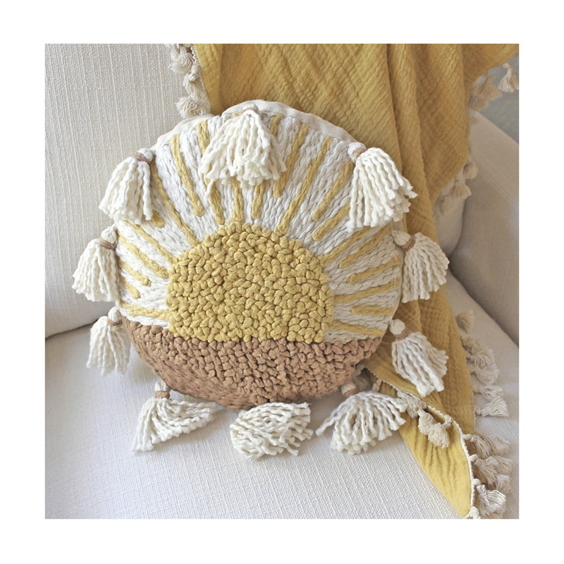 Round Embroidered Sunshine Kids Pillow with Tassels