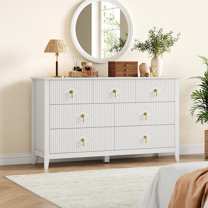 54-Inch Fluted Wood Dresser with 7 Drawers – Modern Storage Chest for Bedroom, Living Room, Hallway, Entryway, Black, White