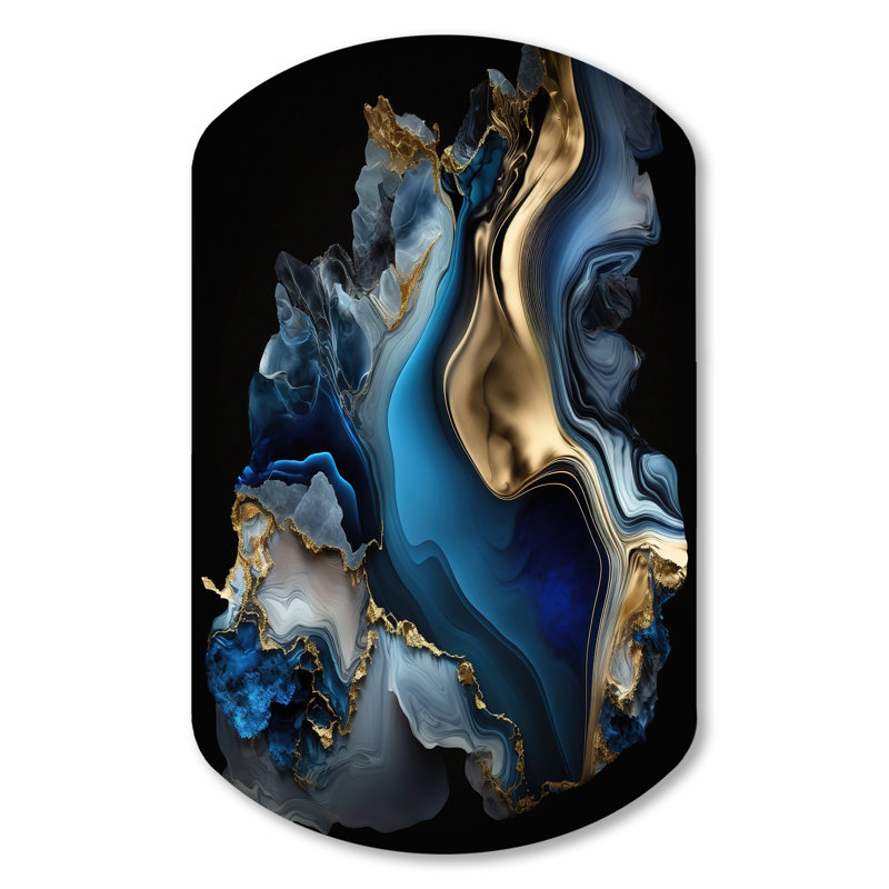 «Solfrid Abstract Geode Marble Blue II», décoration murale asymétrique en métal, impression sur métal cylindrique moderne