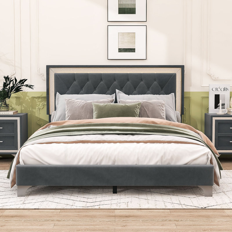 Grand lit plateforme tapissier avec tête de lit capitonnée et éclairage DEL, Gris