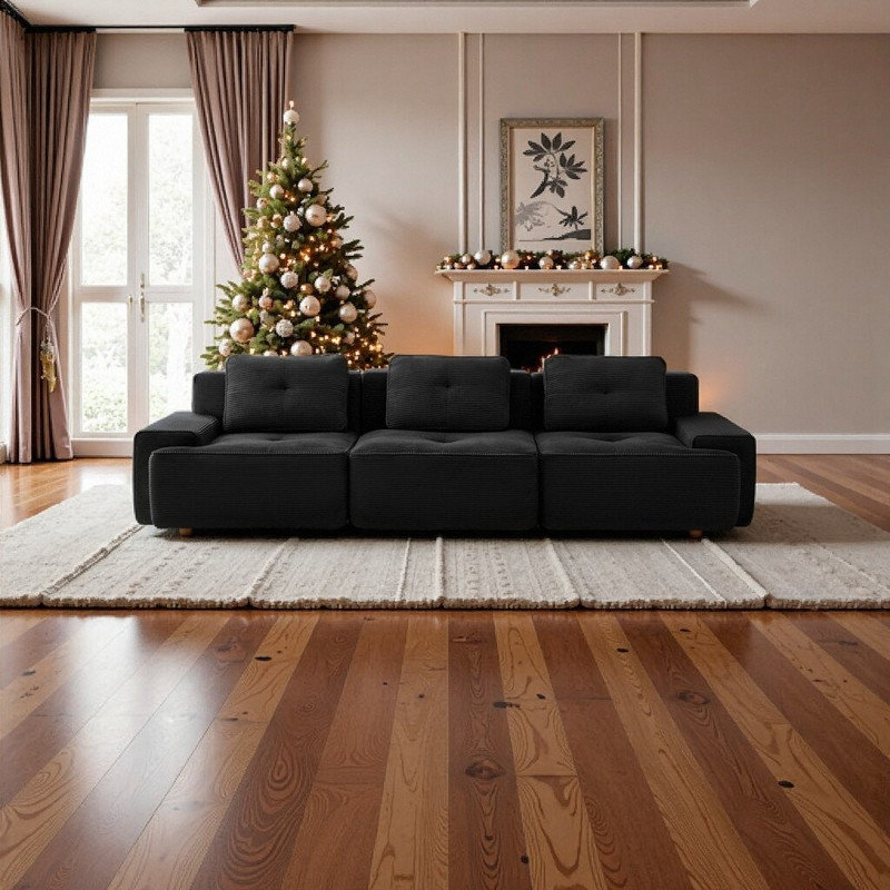 Canapé modulaire en forme de L de 117 po avec méridienne à siège profond et coutures extra-larges 117 po, 3, Noir